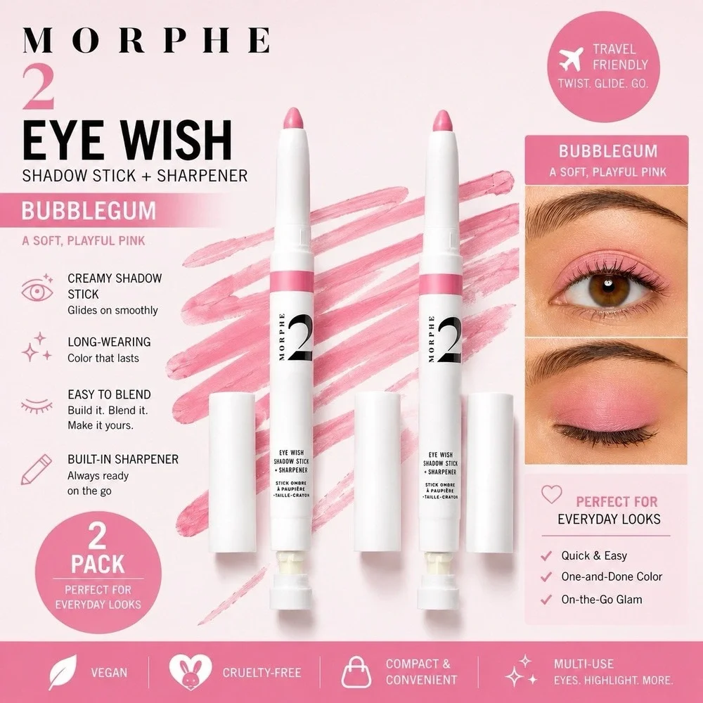 Morphe 2 Eye Wish Shadow Stick 2 Pack Bubblegum Pink Creamy Eyeshadow Sharpener